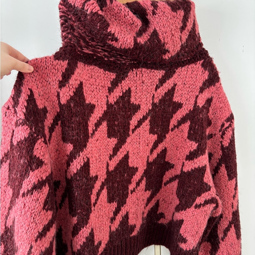 Topshop Houndstooth Cowl Neck Sweater Pink Burgundy Women’s Large Puff Sleeves - Picture 6 of 12